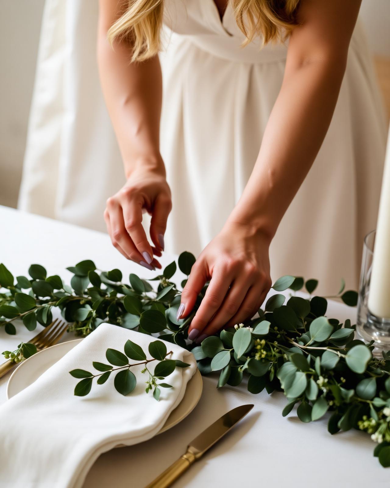 Event stylist arranging table greenery